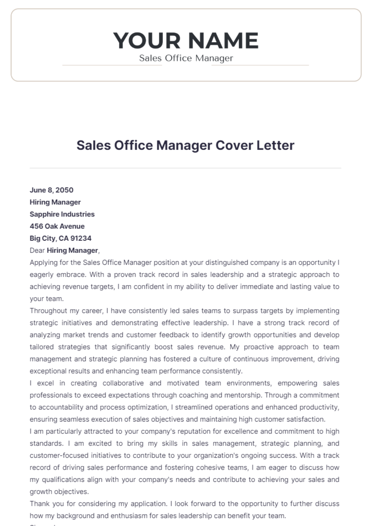 Sales Office Manager Cover Letter - Edit Online & Download