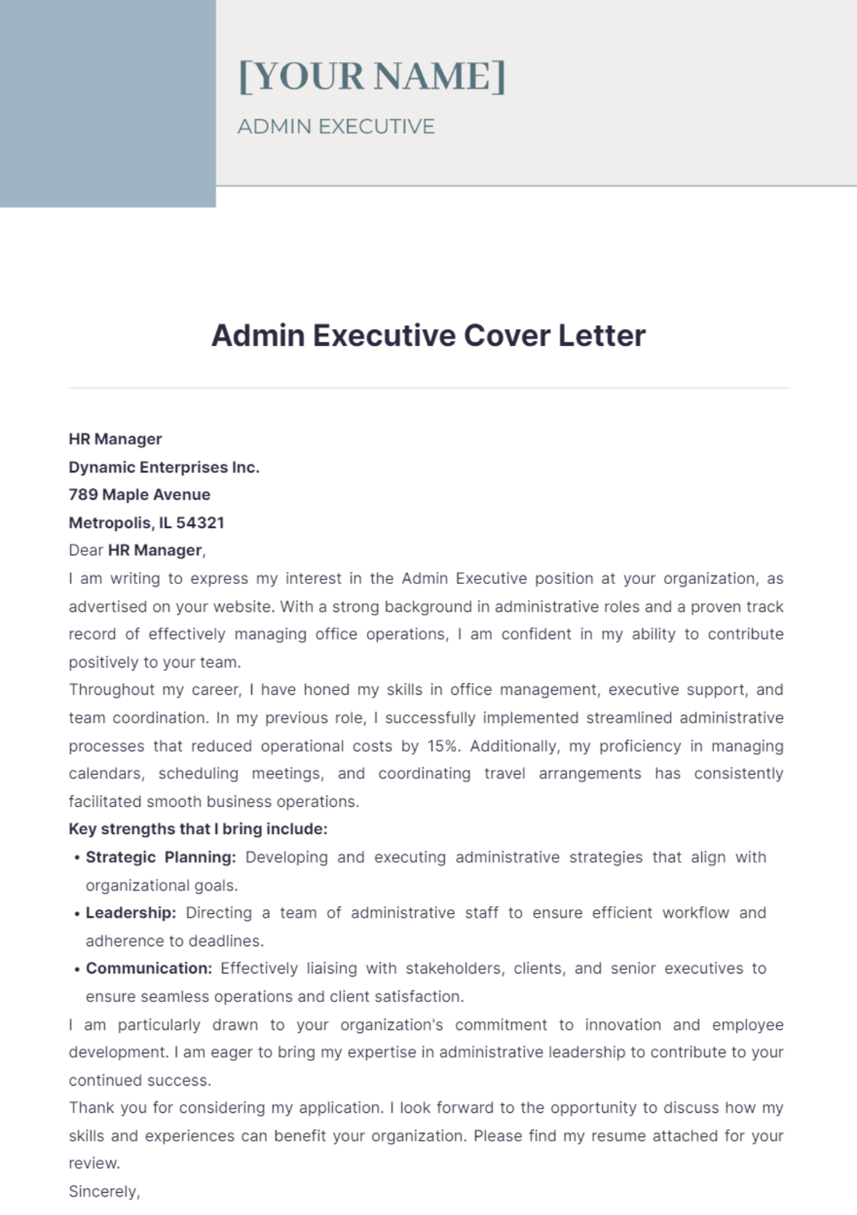 Admin Executive Cover Letter - Edit Online & Download