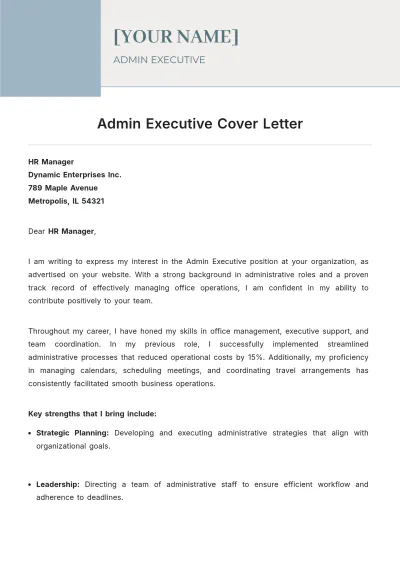 Free Admin Executive Cover Letter to Edit Online