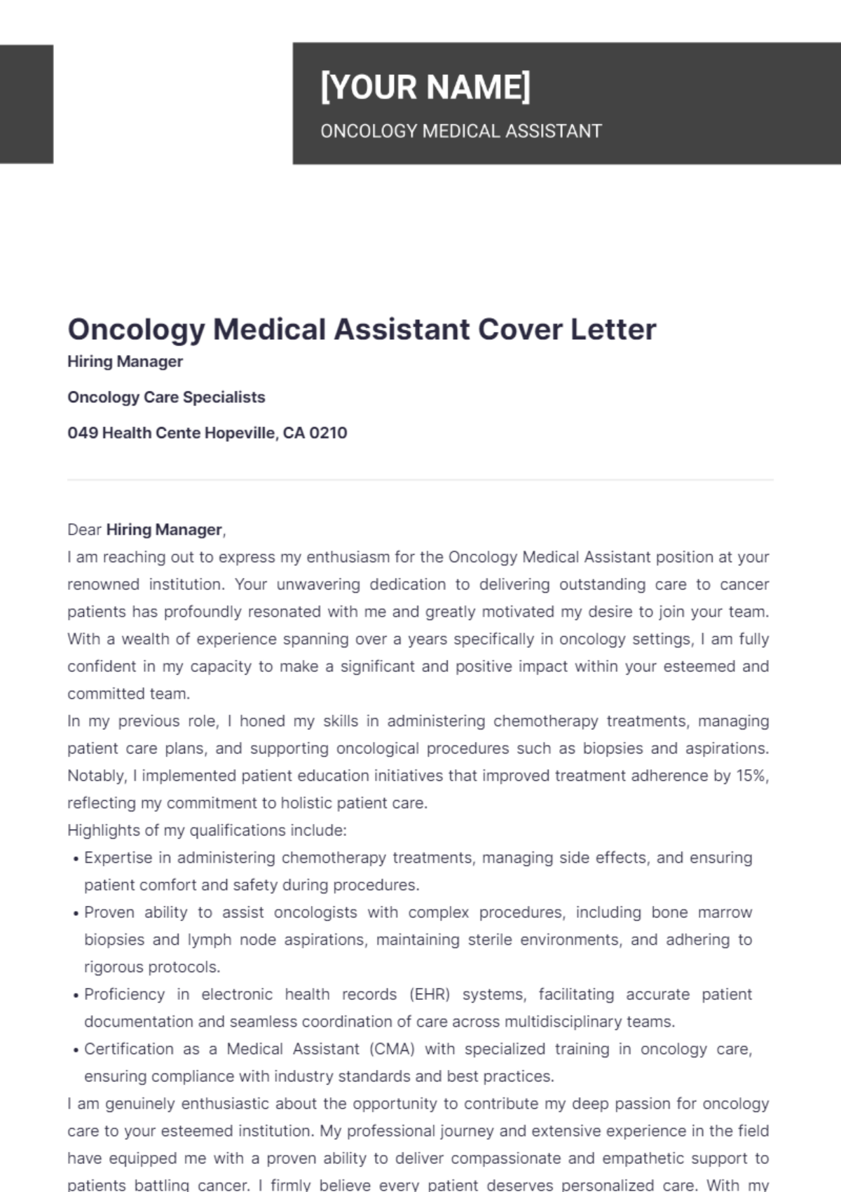 Oncology Medical Assistant Cover Letter - Edit Online & Download