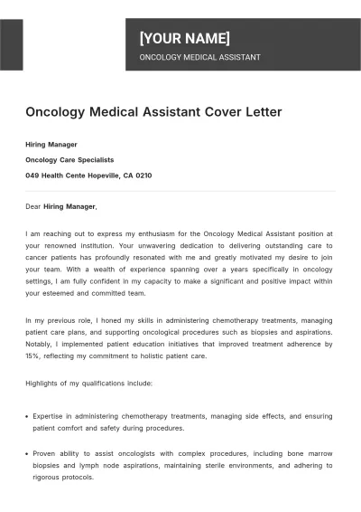 Free Oncology Medical Assistant Cover Letter to Edit Online