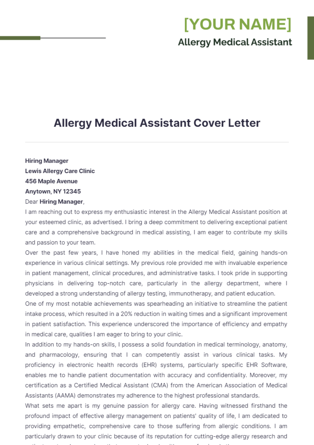 Allergy Medical Assistant Cover Letter - Edit Online & Download