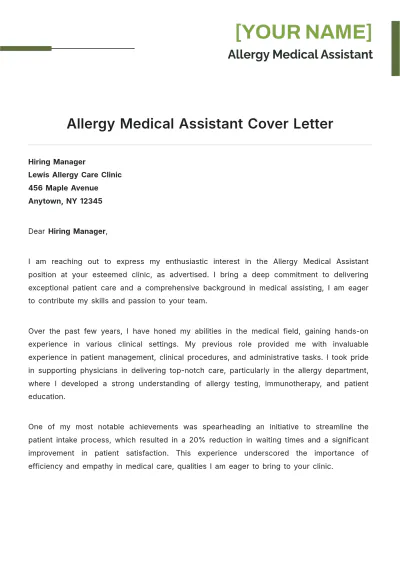 Free Allergy Medical Assistant Cover Letter to Edit Online