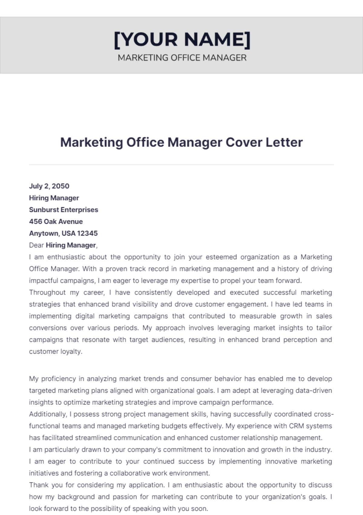 Marketing Office Manager Cover Letter - Edit Online & Download