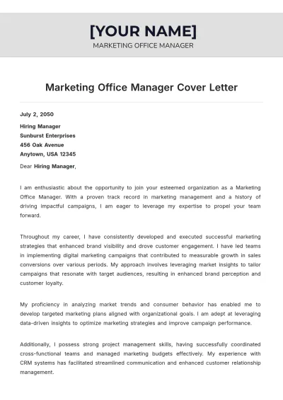 Free Marketing Office Manager Cover Letter to Edit Online