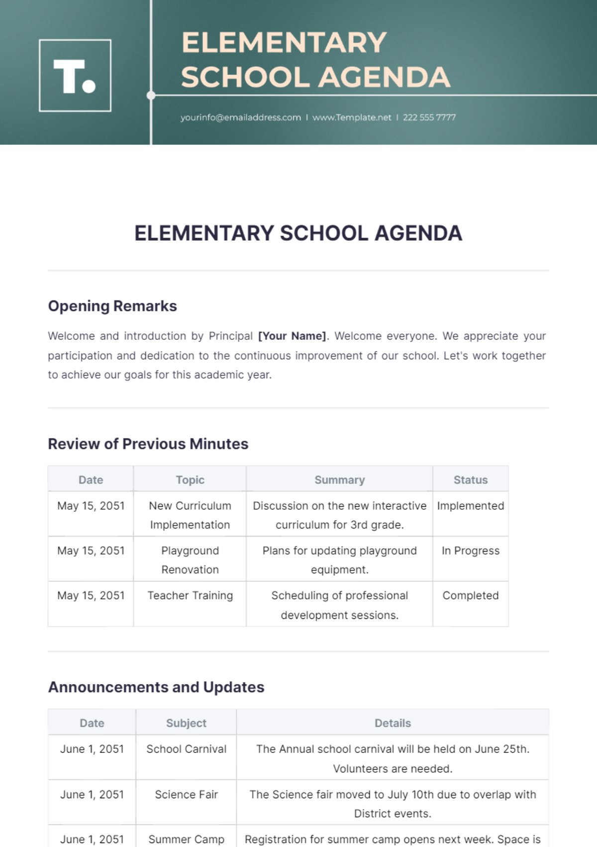 Elementary School Agenda Template - Edit Online & Download