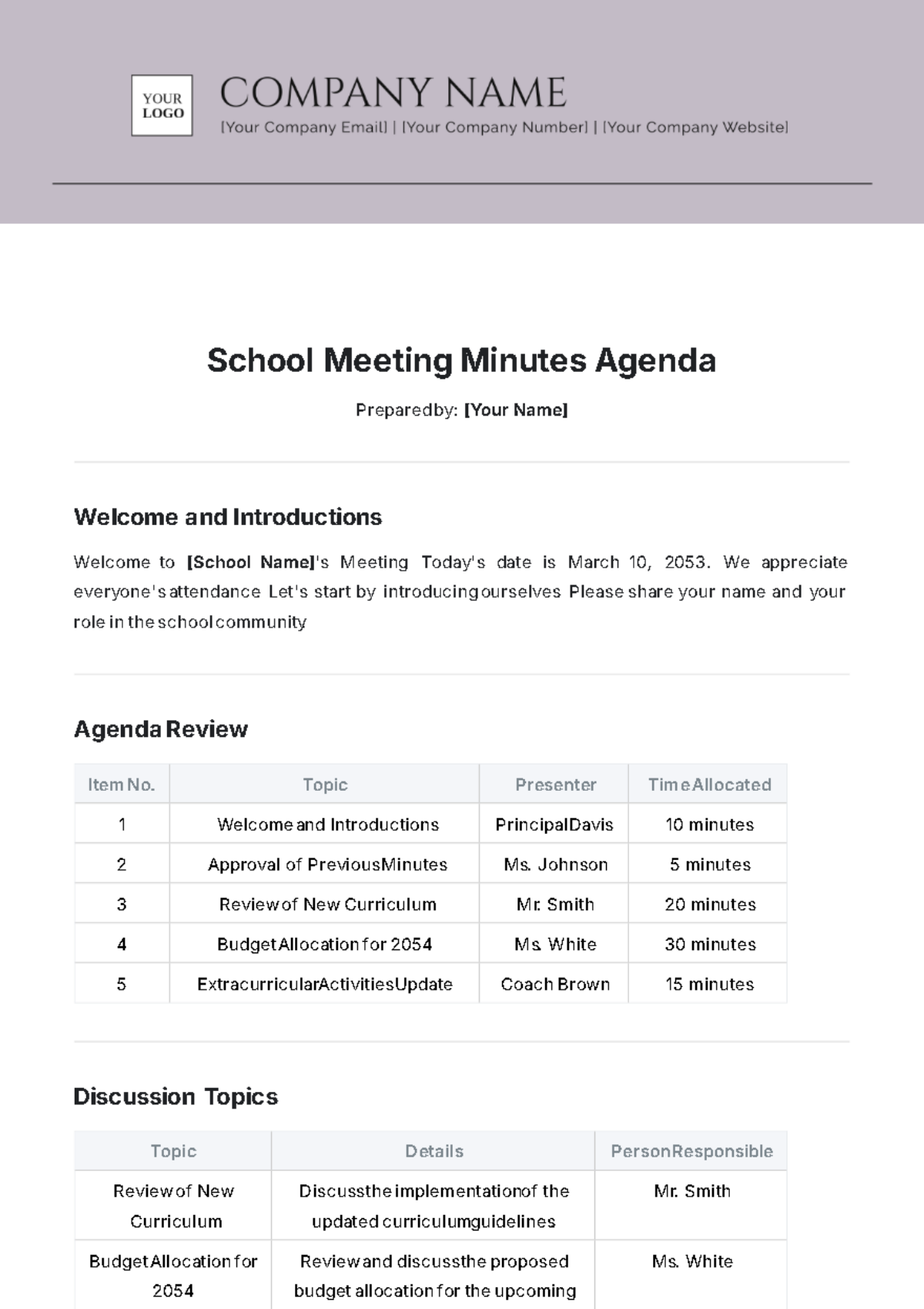 School Meeting Agenda Template - Edit Online & Download