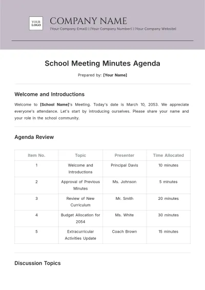 Free School Meeting Agenda Template to Edit Online