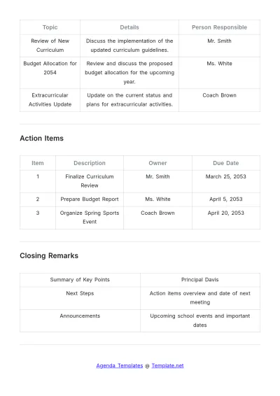 Free School Meeting Agenda Template to Edit Online