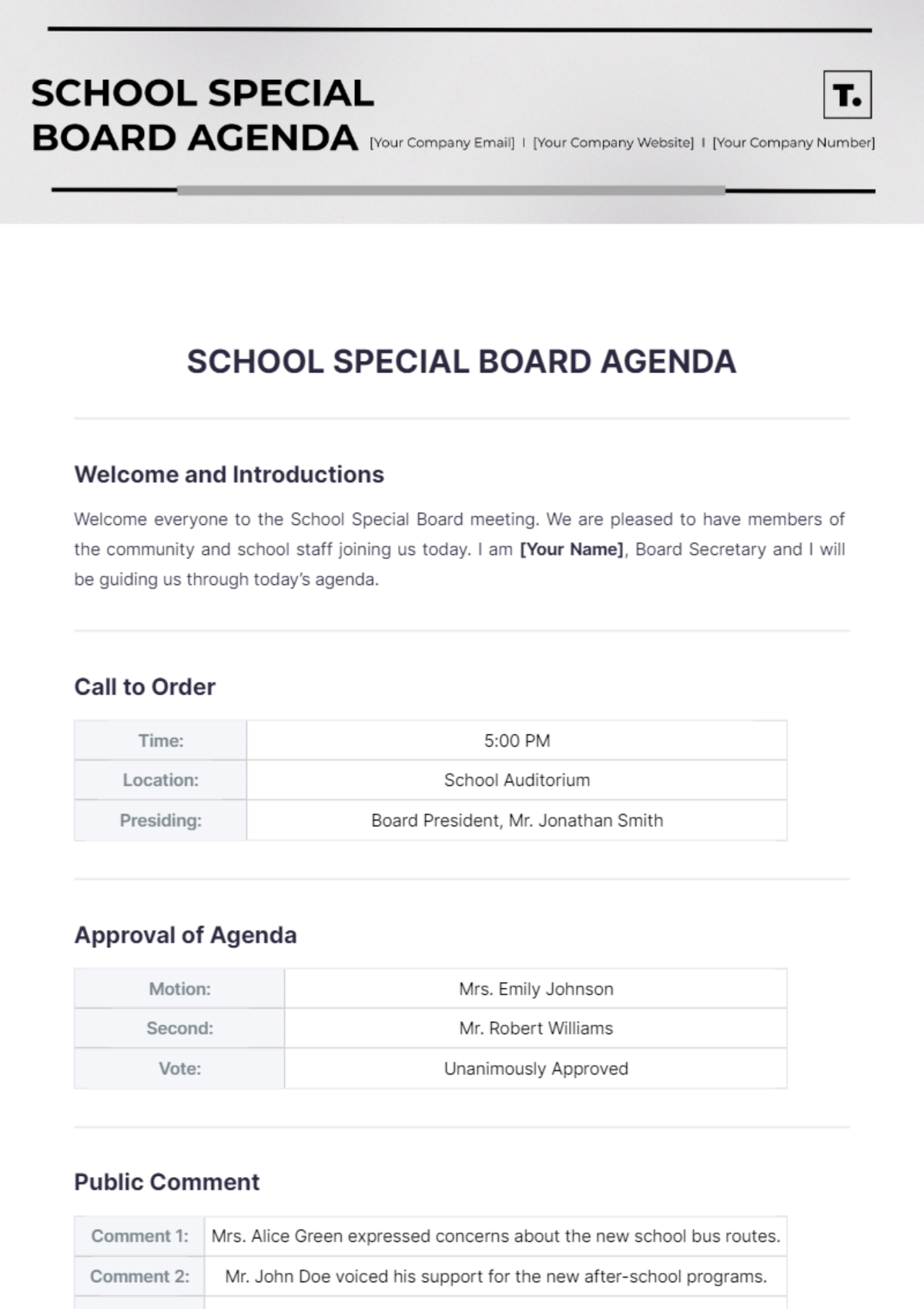 School Special Board Agenda Template - Edit Online & Download