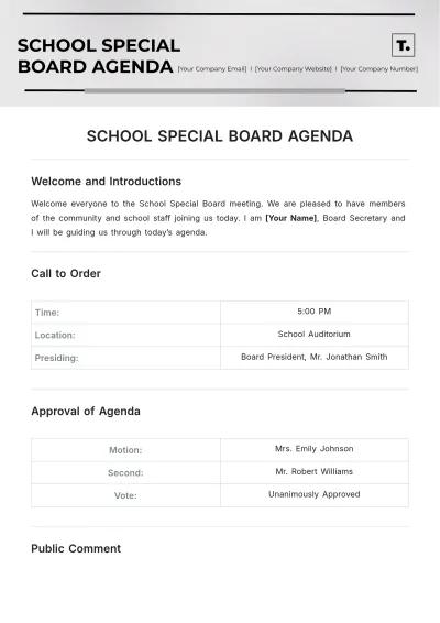 Free School Special Board Agenda Template to Edit Online