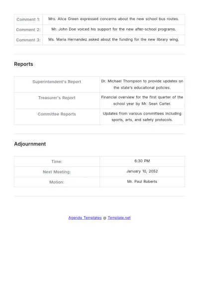 Free School Special Board Agenda Template to Edit Online