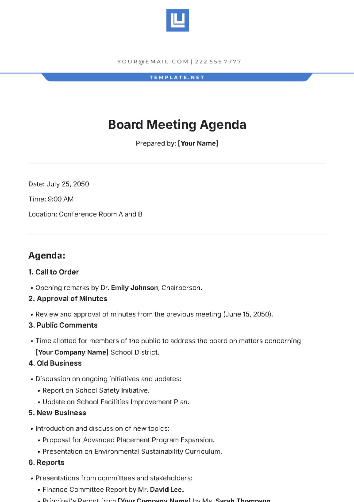 Board Meeting Agenda Template - Edit Online & Download