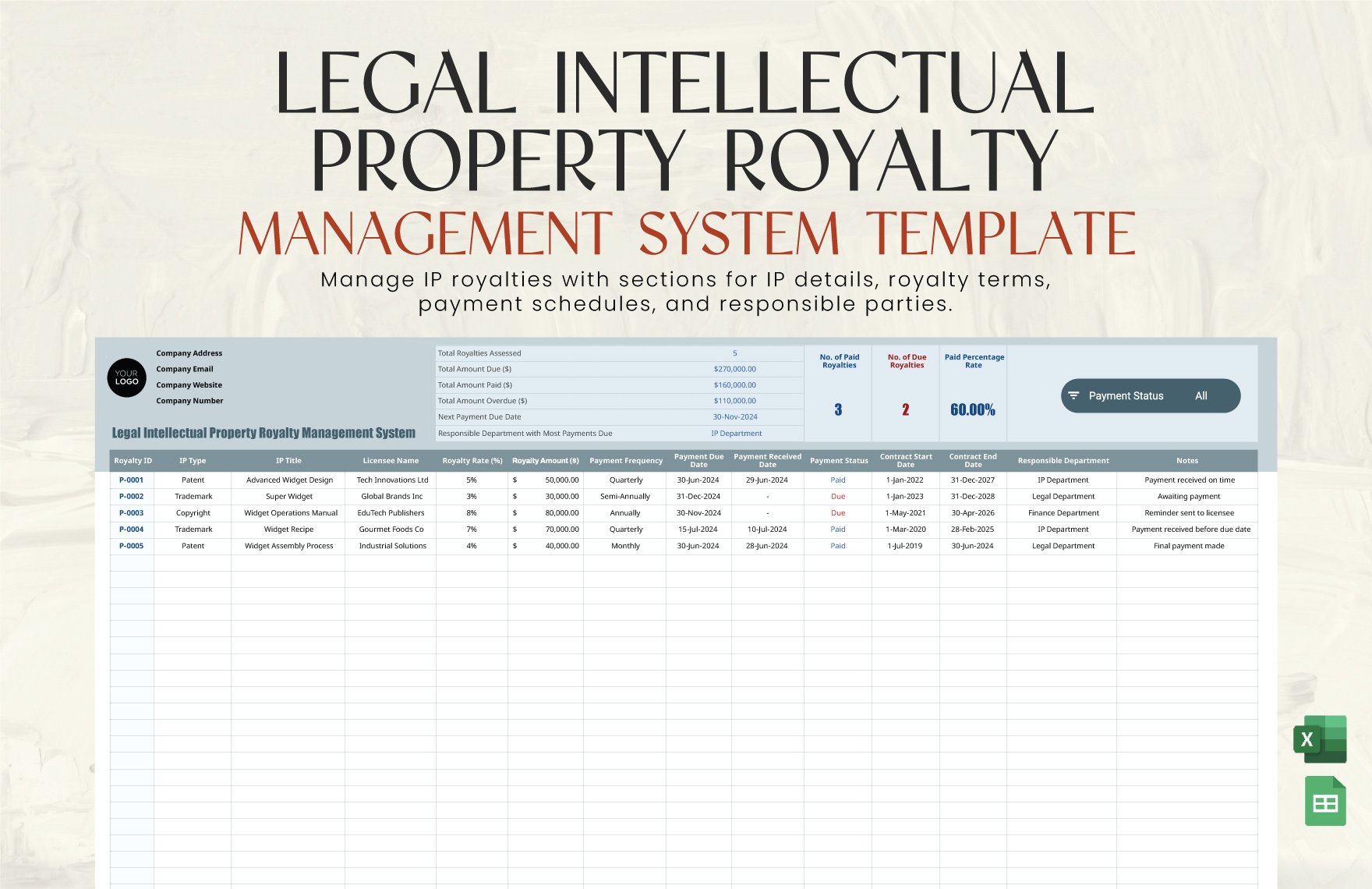 Legal Intellectual Property Royalty Management System Template in Excel, Google Sheets