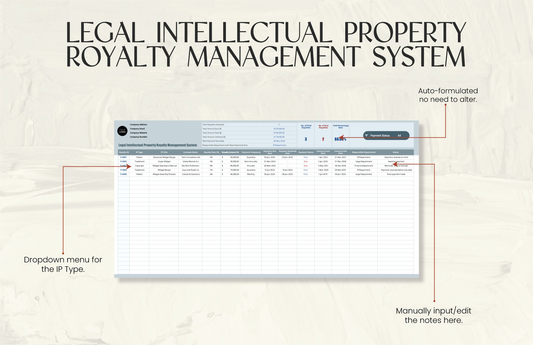 Legal Intellectual Property Royalty Management System Template