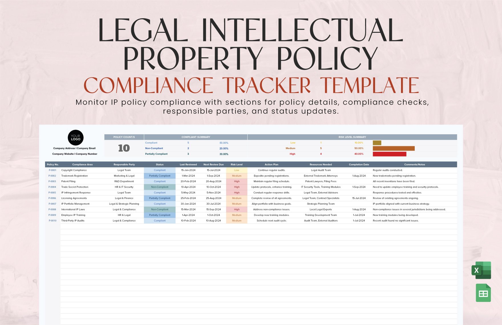 Legal Intellectual Property Policy Compliance Tracker Template in Excel, Google Sheets