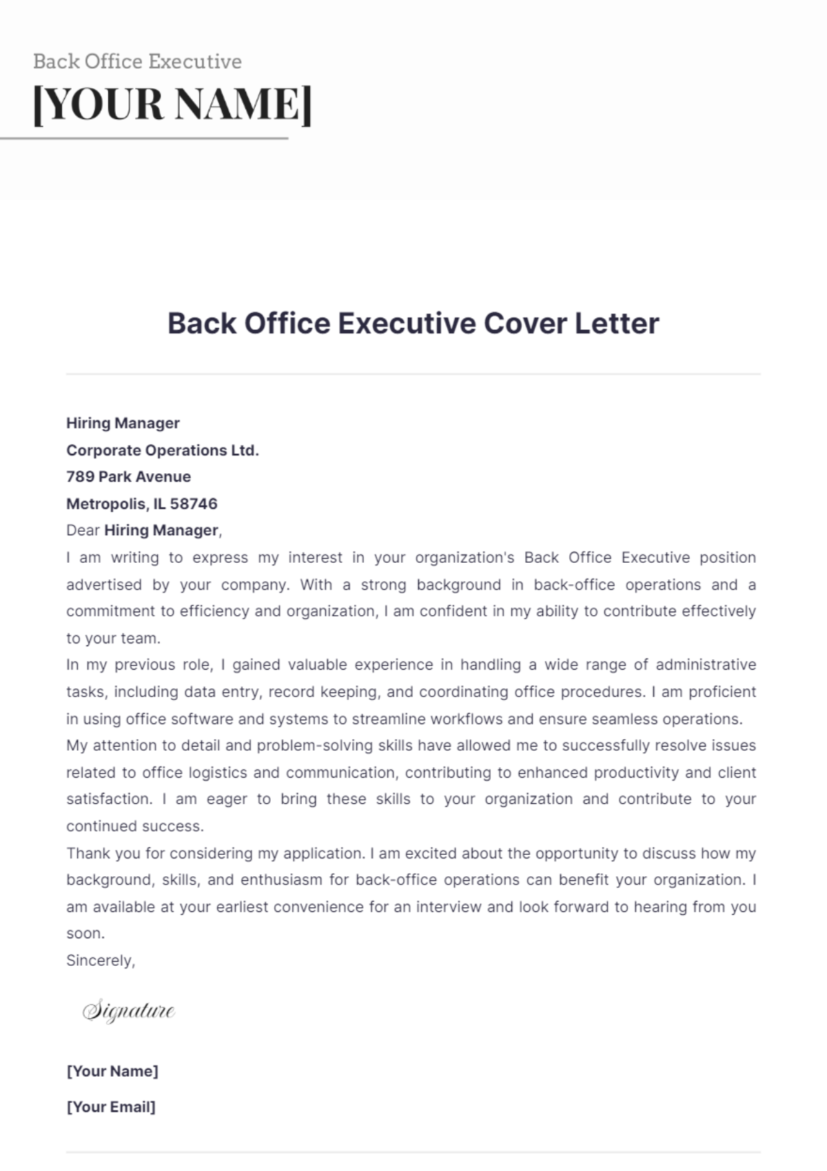 Back Office Executive Cover Letter - Edit Online & Download