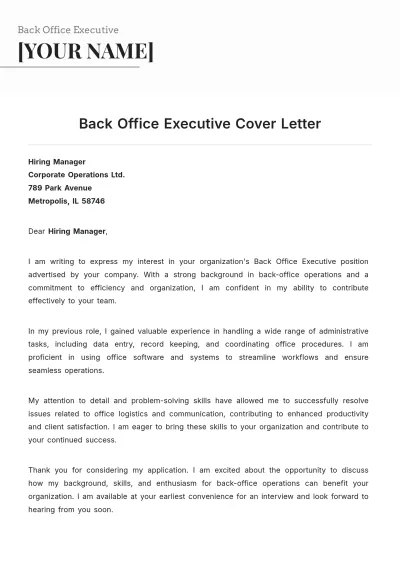 Free Back Office Executive Cover Letter to Edit Online