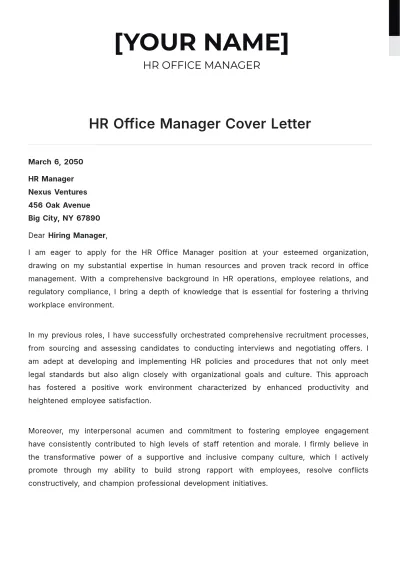 Free HR Office Manager Cover Letter to Edit Online
