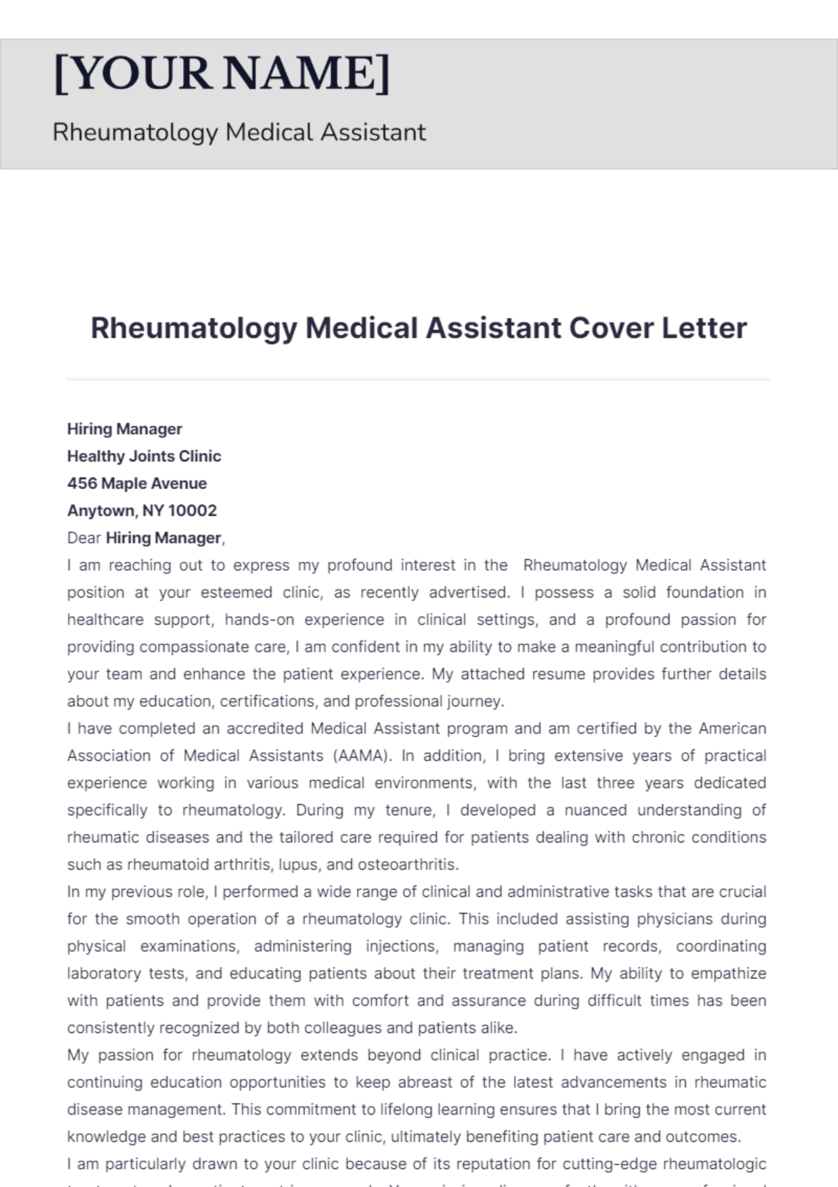 Rheumatology Medical Assistant Cover Letter - Edit Online & Download