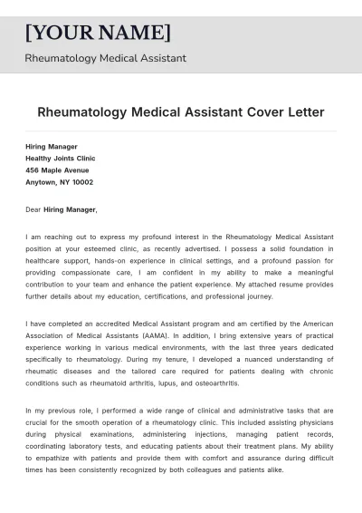 Free Rheumatology Medical Assistant Cover Letter to Edit Online
