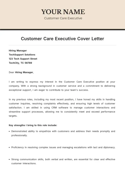 Free Customer Care Executive Cover Letter to Edit Online