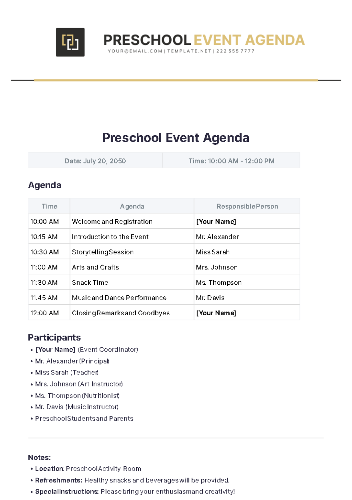 Preschool Event Agenda Template - Edit Online & Download