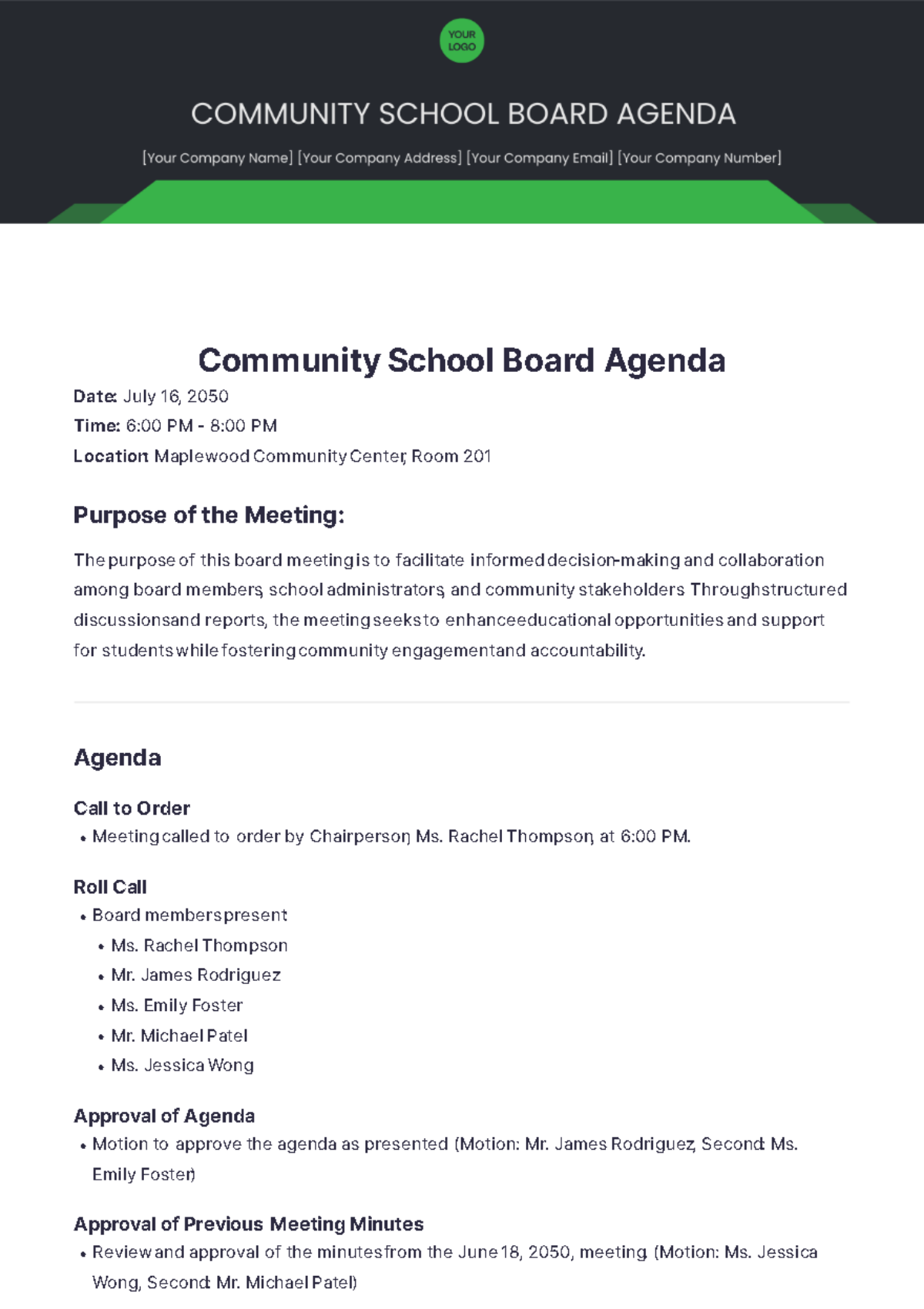 Community School Board Agenda Template - Edit Online & Download