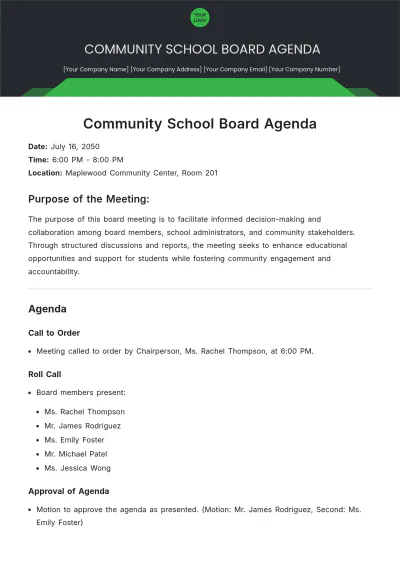 Free Community School Board Agenda Template to Edit Online