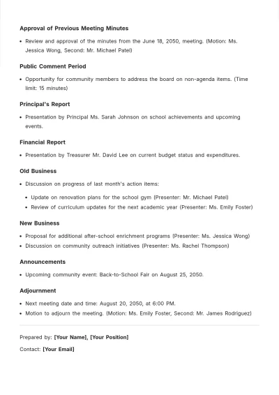 Free Community School Board Agenda Template to Edit Online