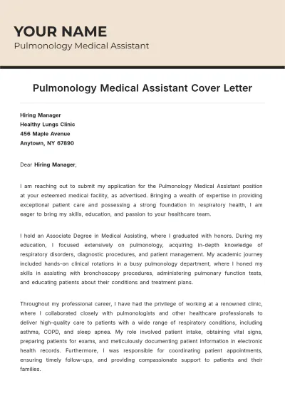 Free Pulmonology Medical Assistant Cover Letter to Edit Online