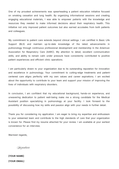 Free Pulmonology Medical Assistant Cover Letter to Edit Online