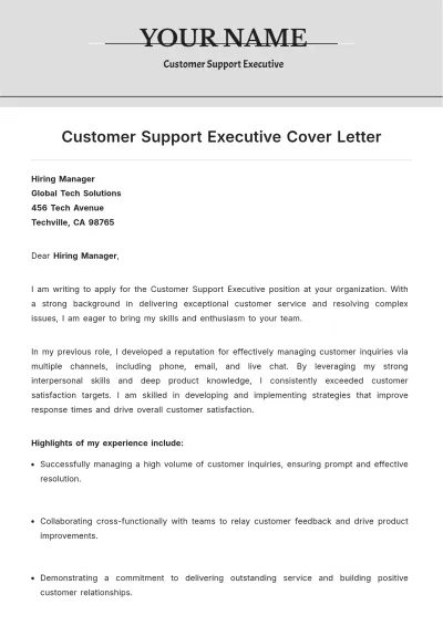 Free Customer Support Executive Cover Letter to Edit Online