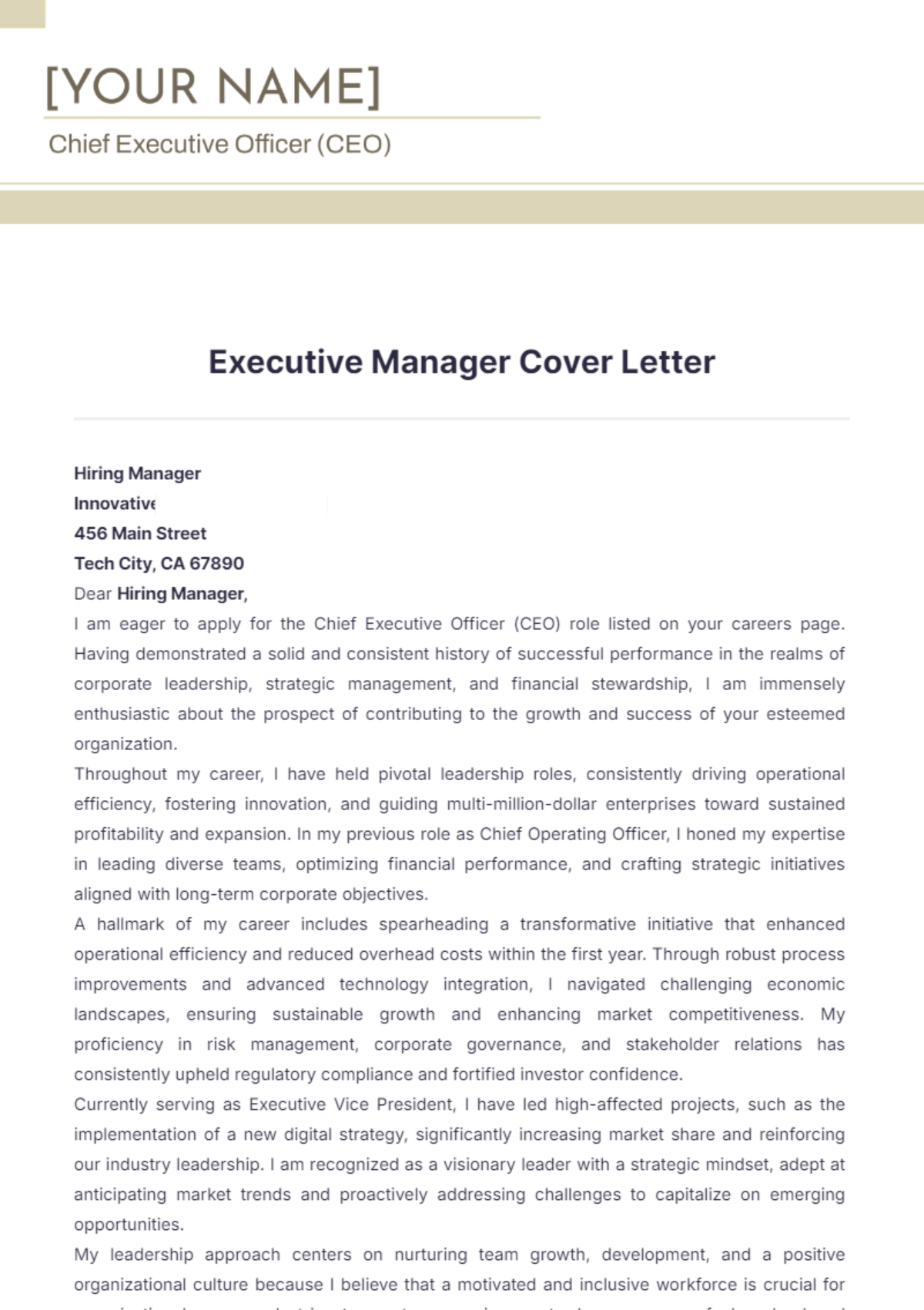 Executive Manager Cover Letter - Edit Online & Download