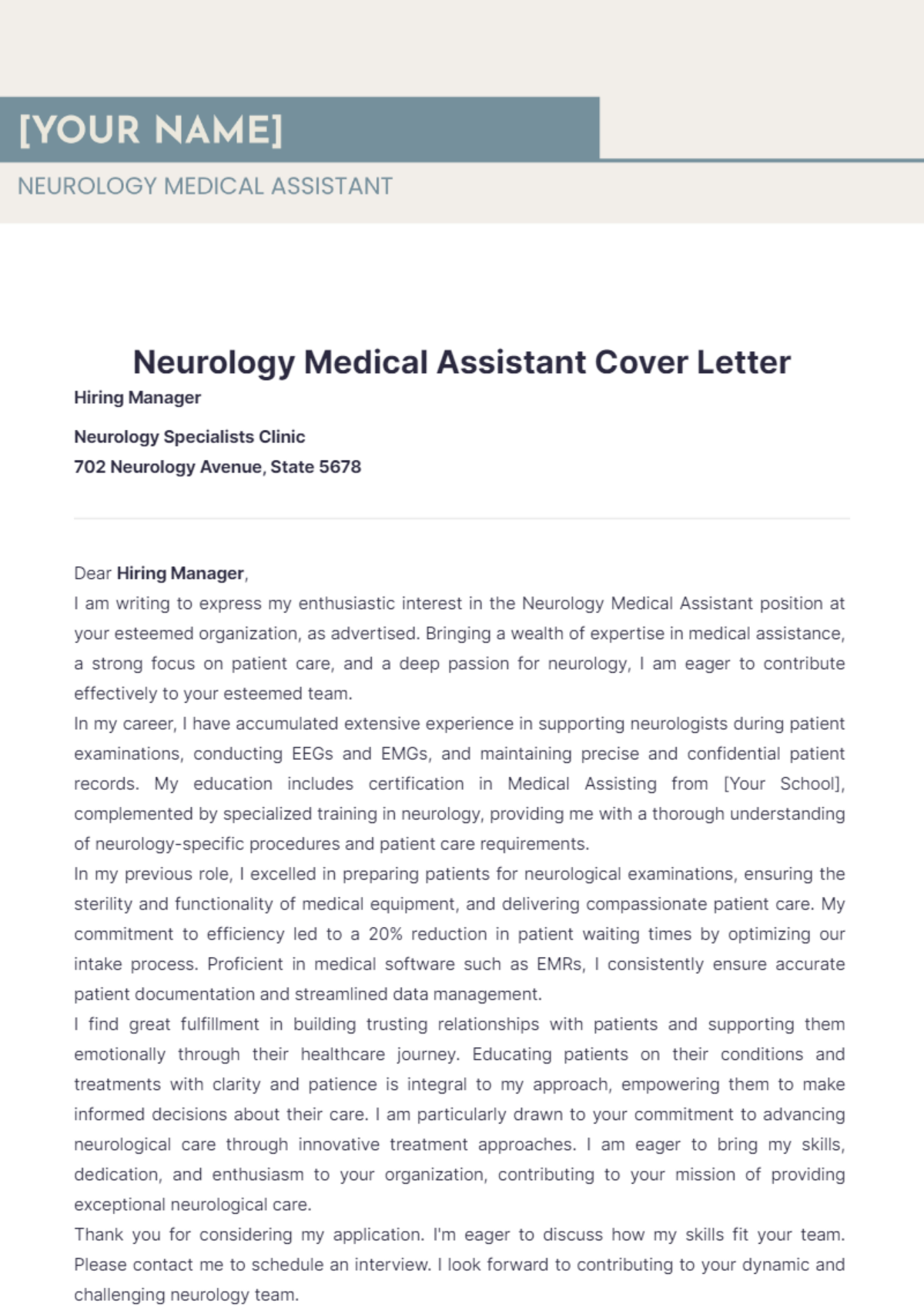 Neurology Medical Assistant Cover Letter - Edit Online & Download