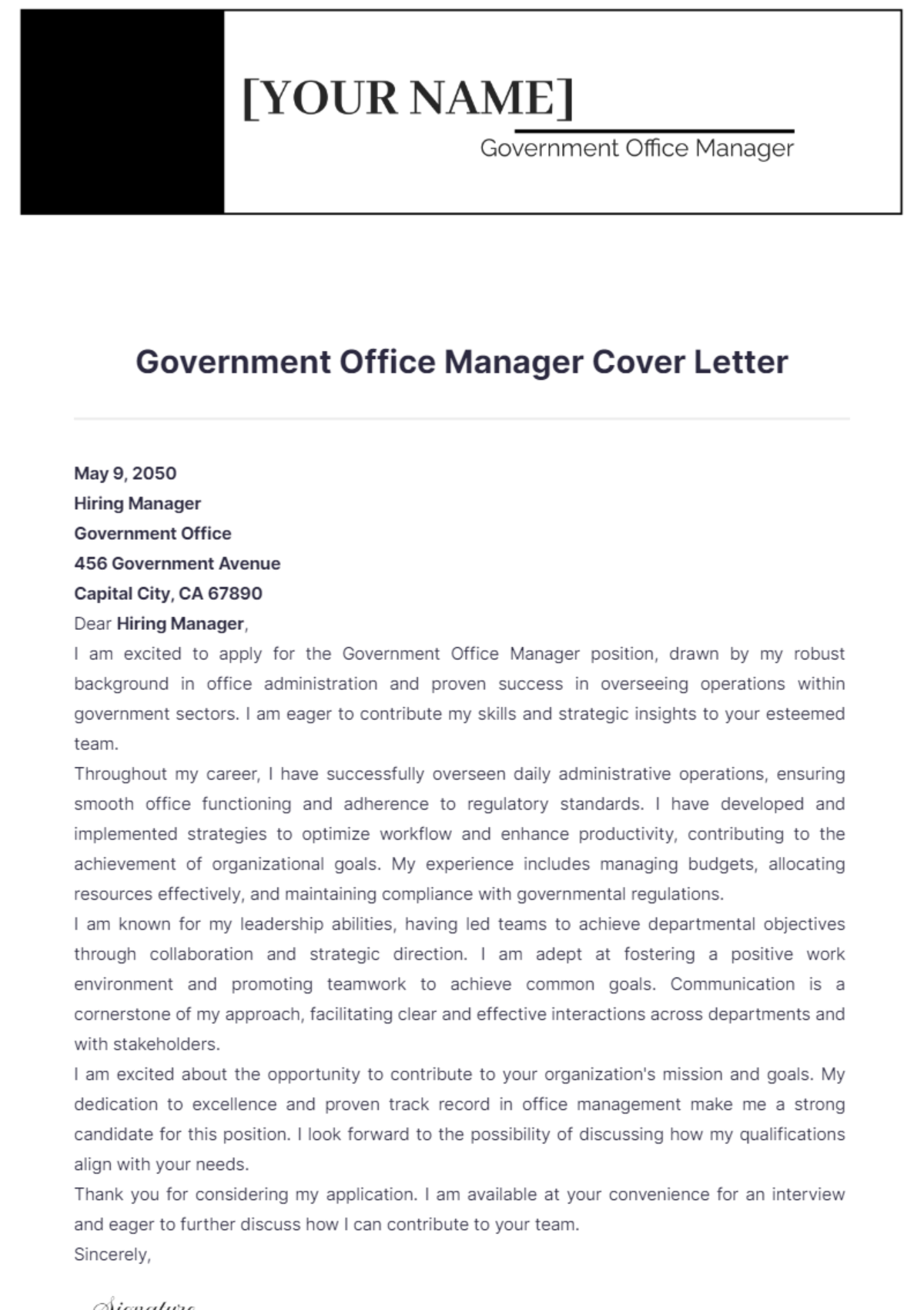 Government Office Manager Cover Letter