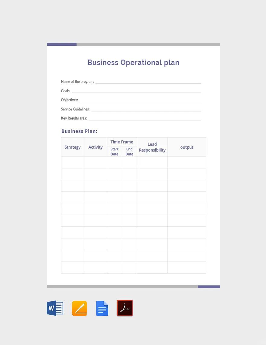 Editable Business Operational Plan Template
