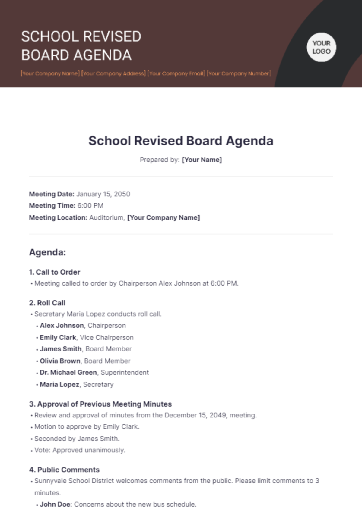 School Revised Board Agenda Template - Edit Online & Download