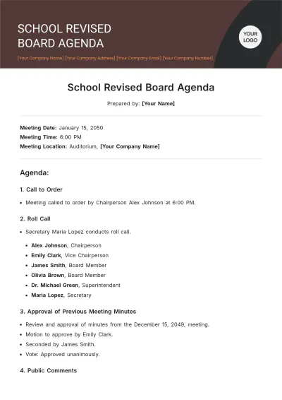 Free School Revised Board Agenda Template to Edit Online