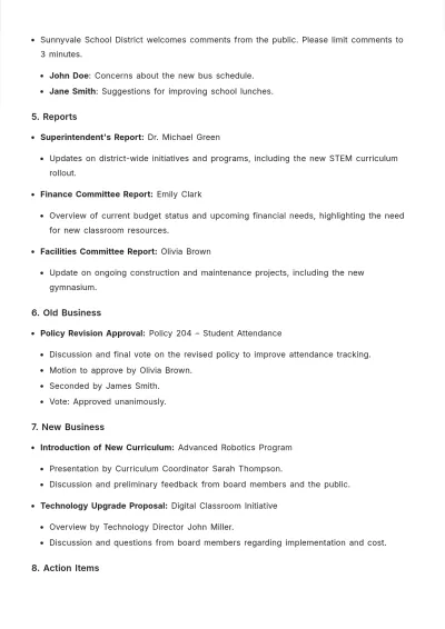 Free School Revised Board Agenda Template to Edit Online