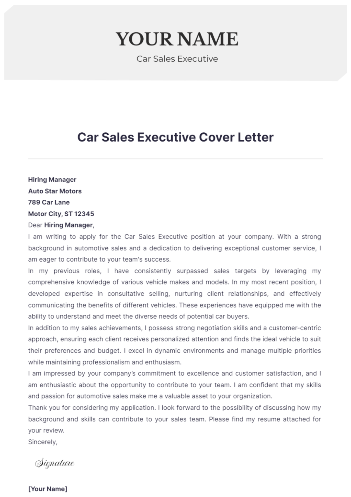 Car Sales Executive Cover Letter