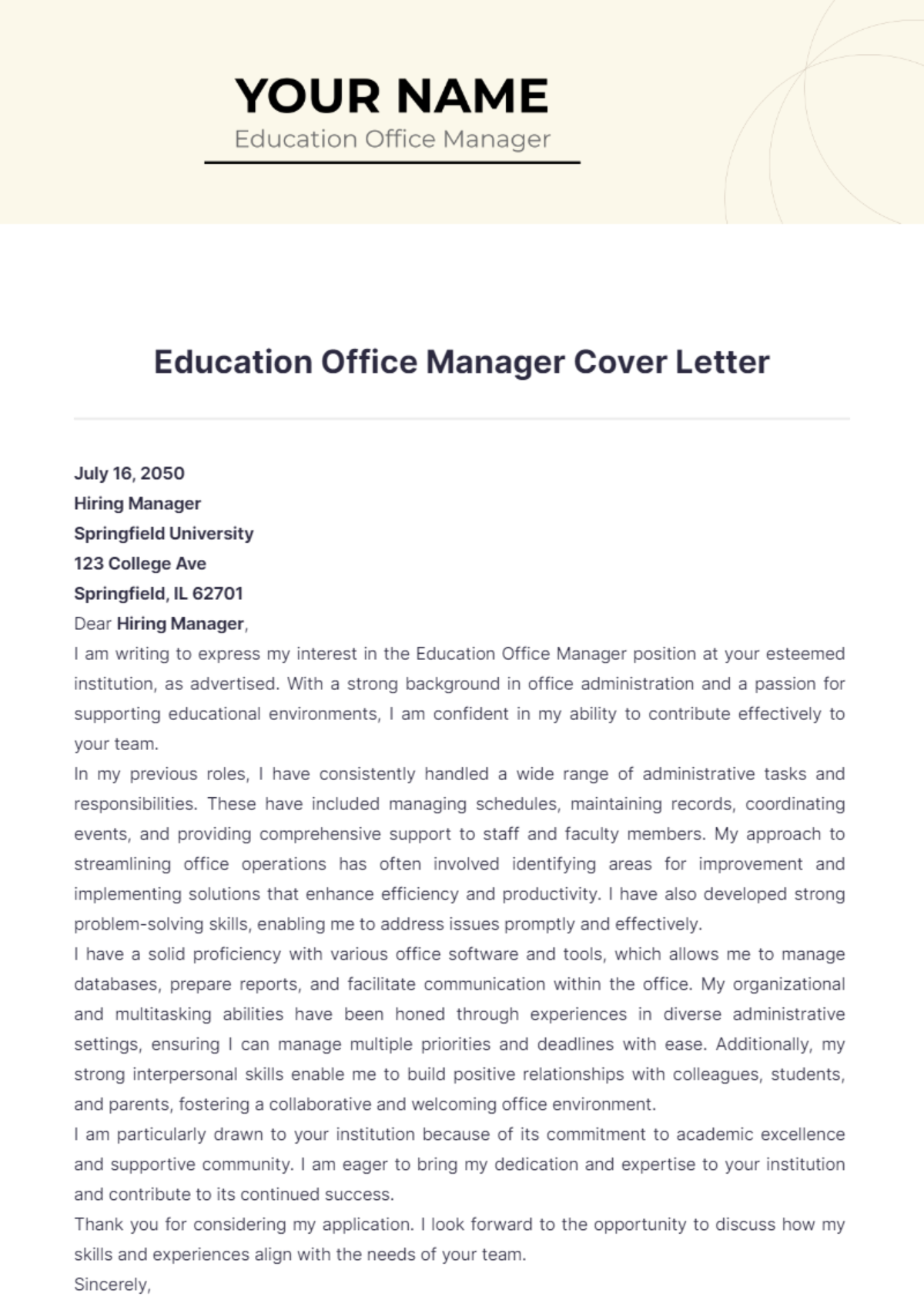 Education Office Manager Cover Letter