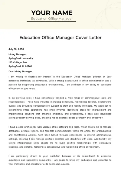 Free Education Office Manager Cover Letter to Edit Online