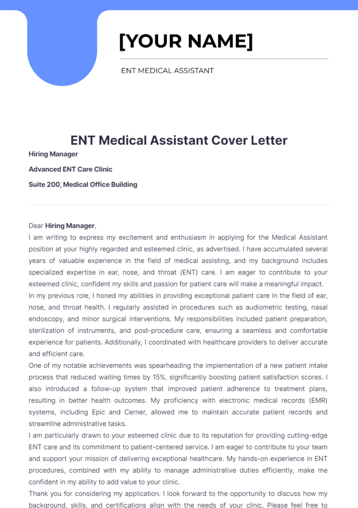 ENT Medical Assistant Cover Letter