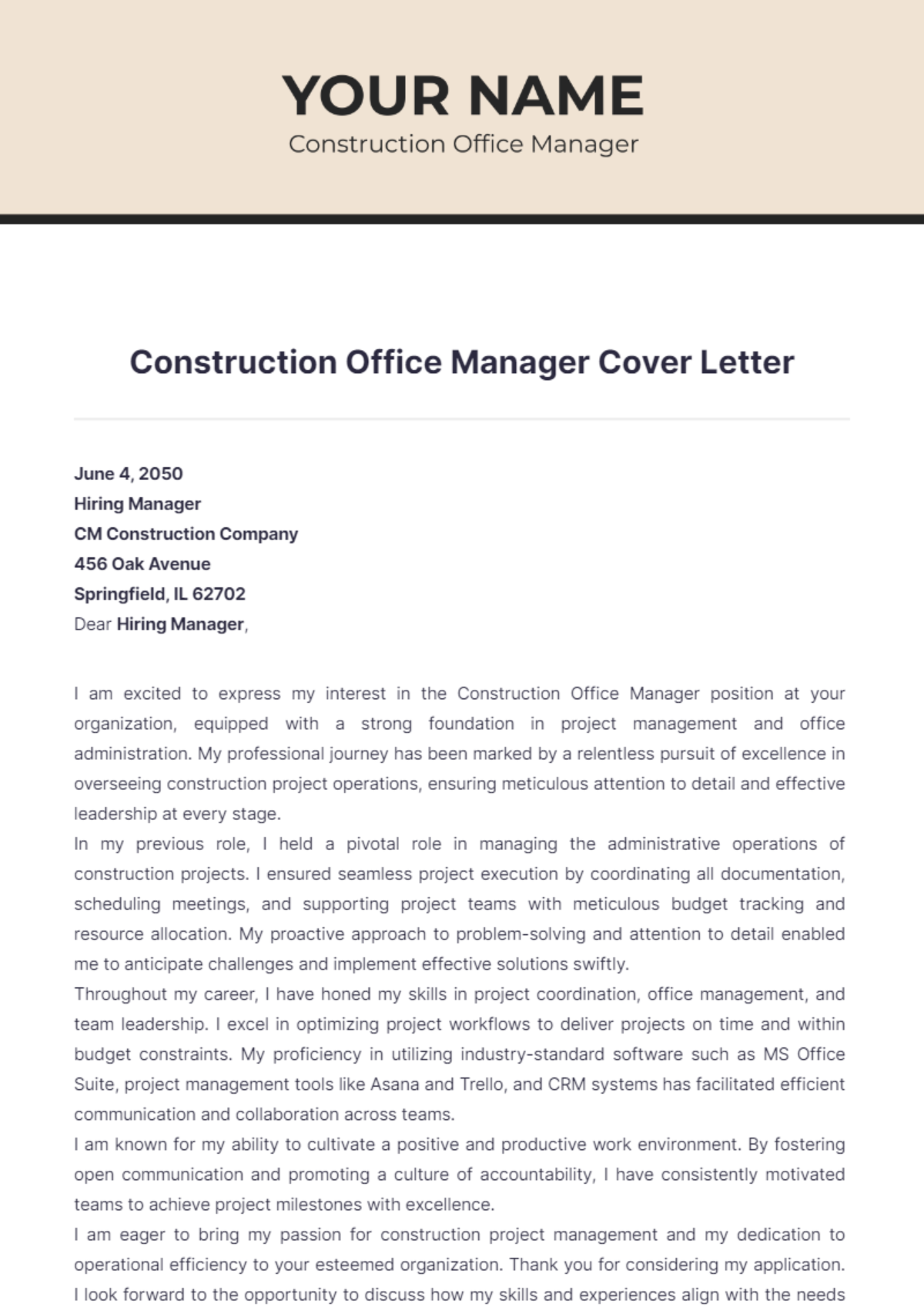 Construction Office Manager Cover Letter