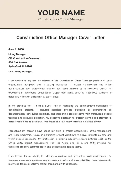 Free Construction Office Manager Cover Letter to Edit Online