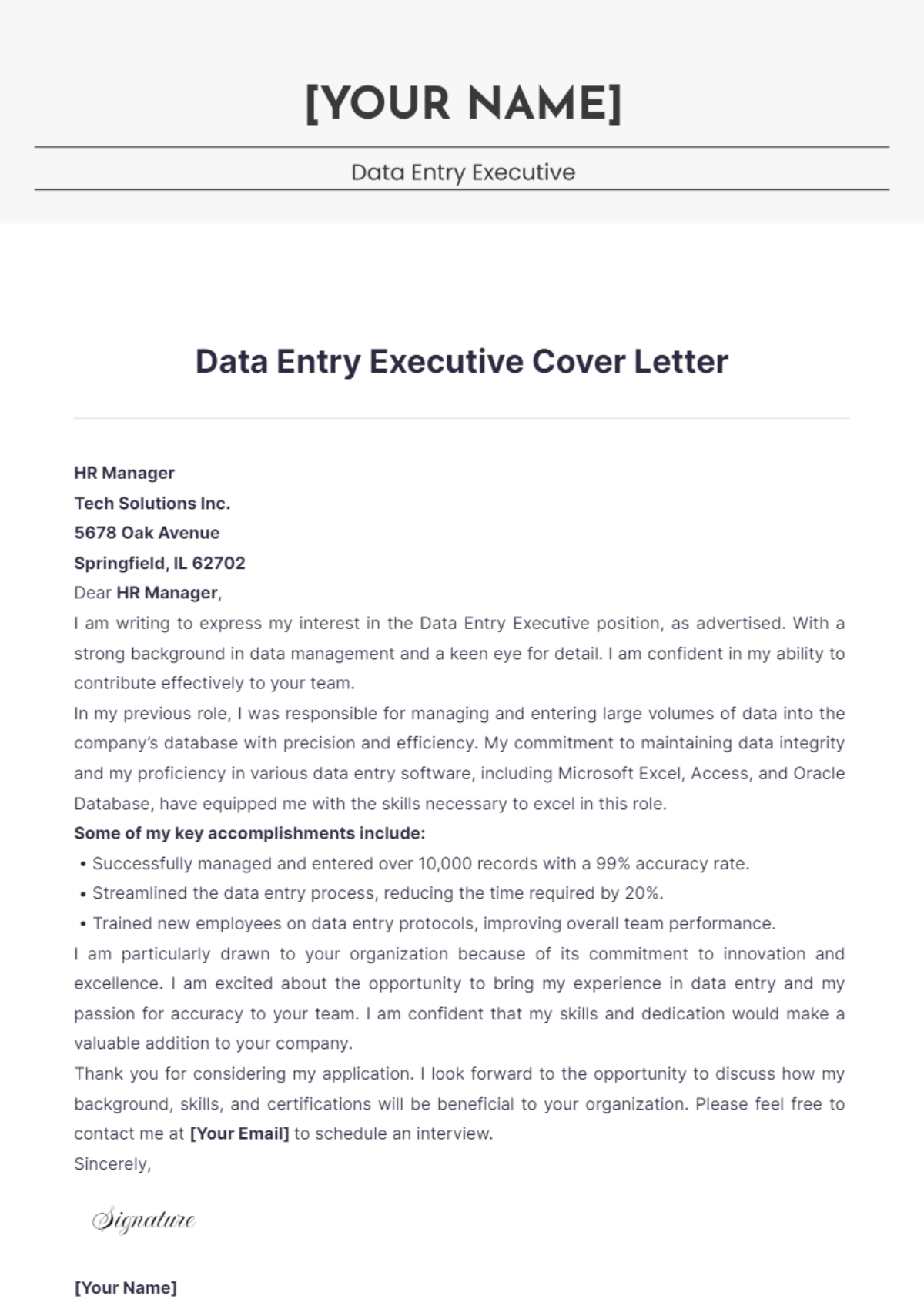 Data Entry Executive Cover Letter