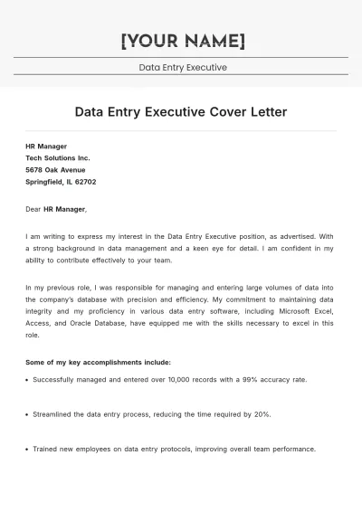 Free Data Entry Executive Cover Letter to Edit Online