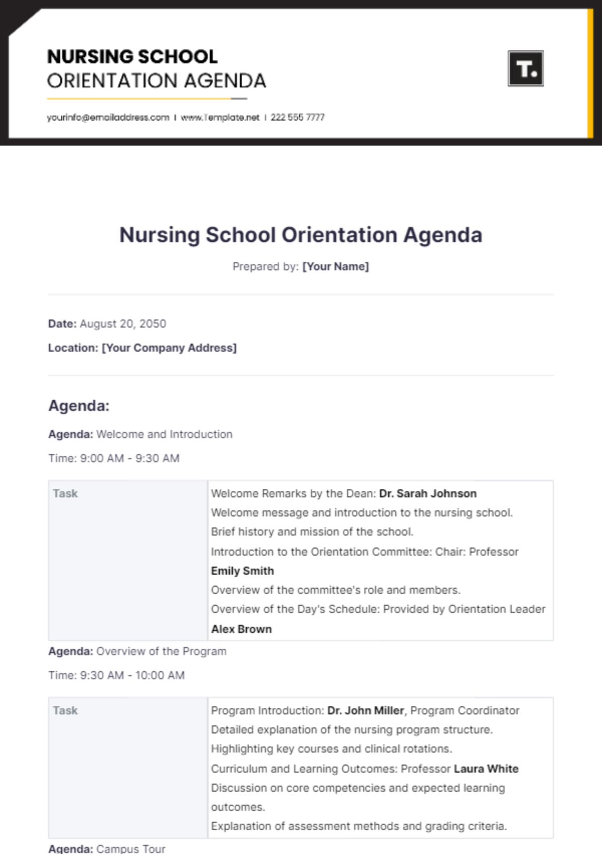 Nursing School Orientation Agenda Template - Edit Online & Download