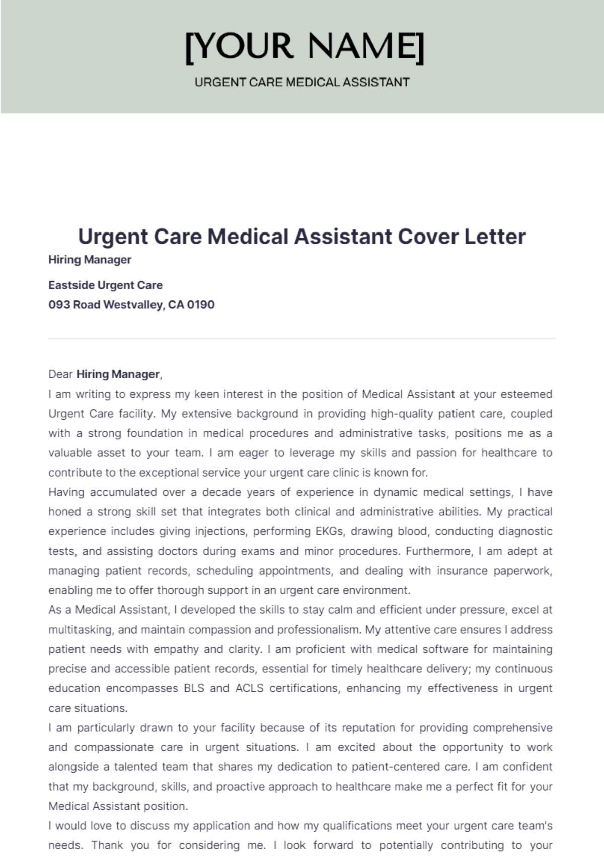 Urgent Care Medical Assistant Cover Letter - Edit Online & Download